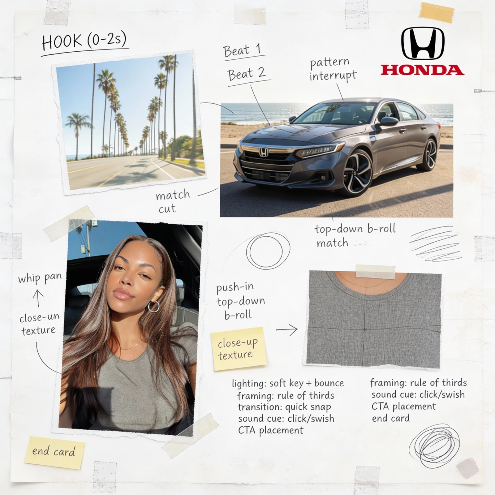 Pre-production moodboard for a vertical automotive lifestyle video showing a Honda sedan, creator, road imagery, shot beats, transitions, and CTA planning