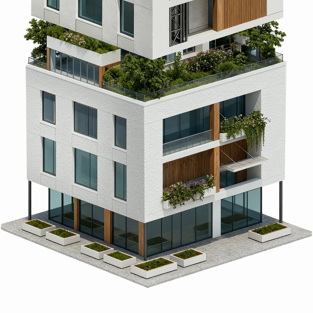Isometric architectural visualization of the landscaped lower levels of the Azimuth Builders tower on a light background