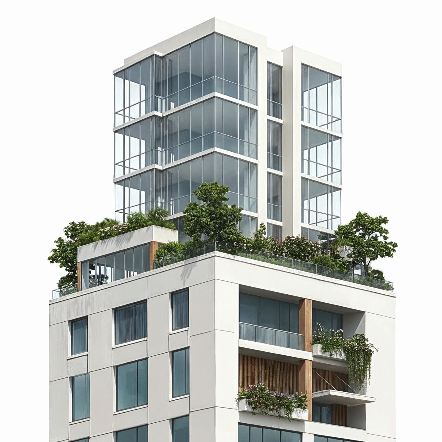 Completed upper tower and rooftop landscaping in phase five of the Azimuth Builders building sequence