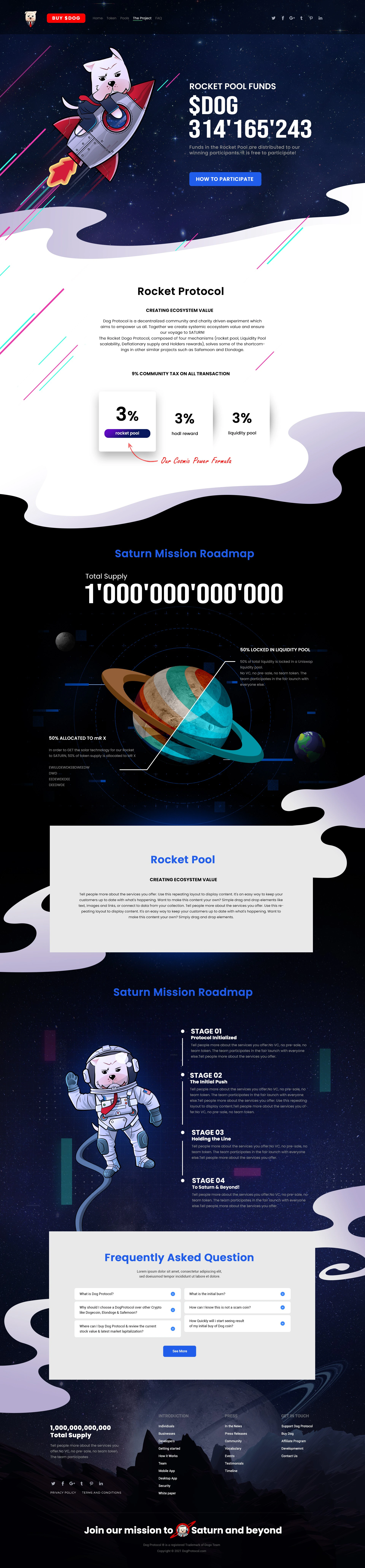 Full long-scroll Dog Protocol cryptocurrency landing-page concept