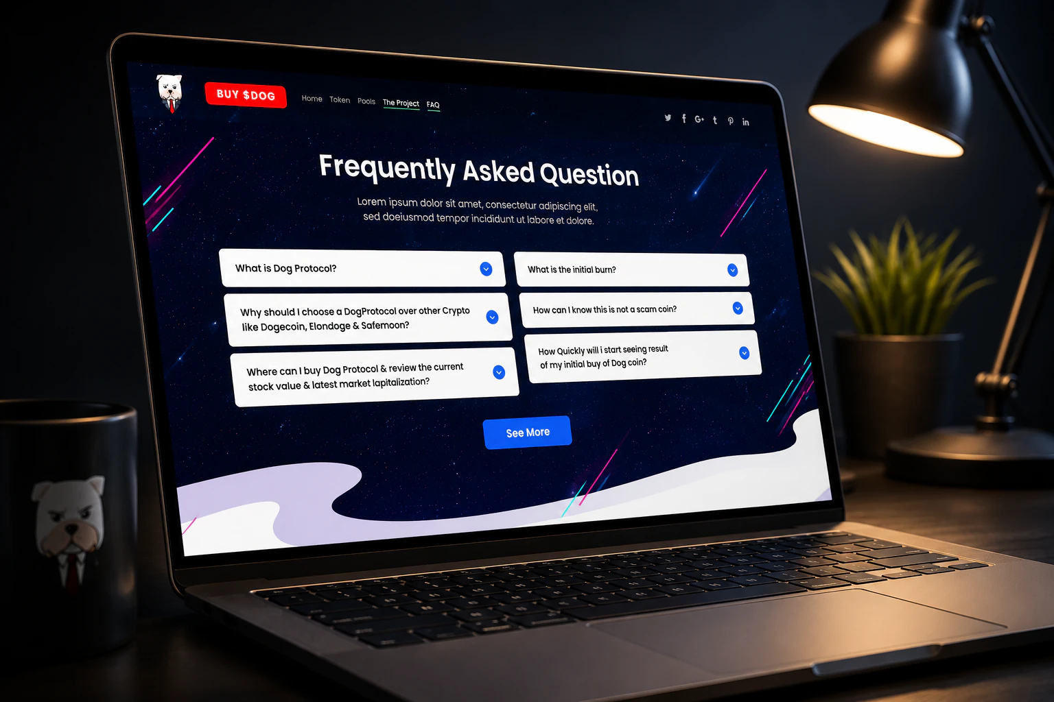 Angled laptop mockup showing the Dog Protocol FAQ section