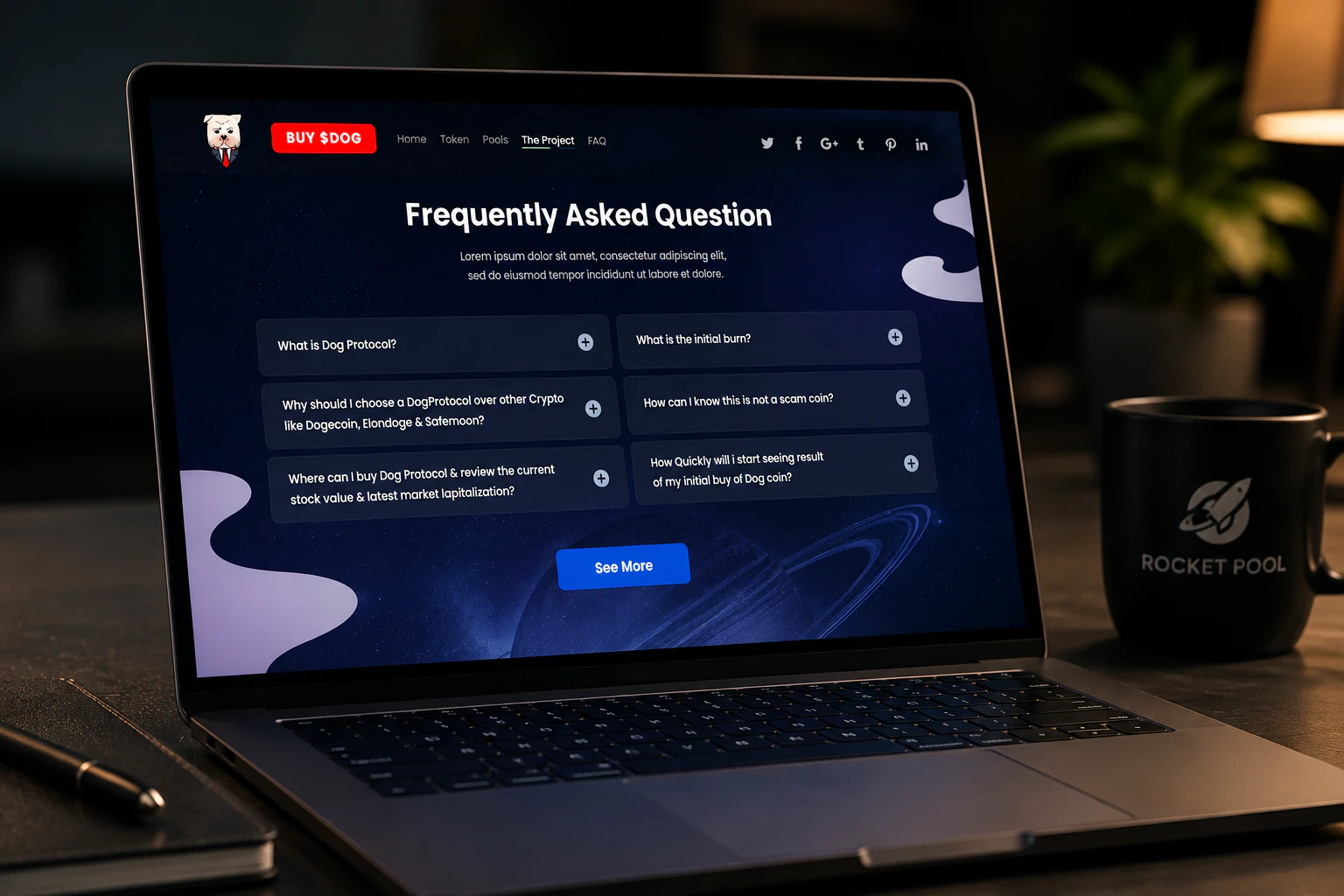 Front-facing laptop mockup showing the Dog Protocol FAQ section