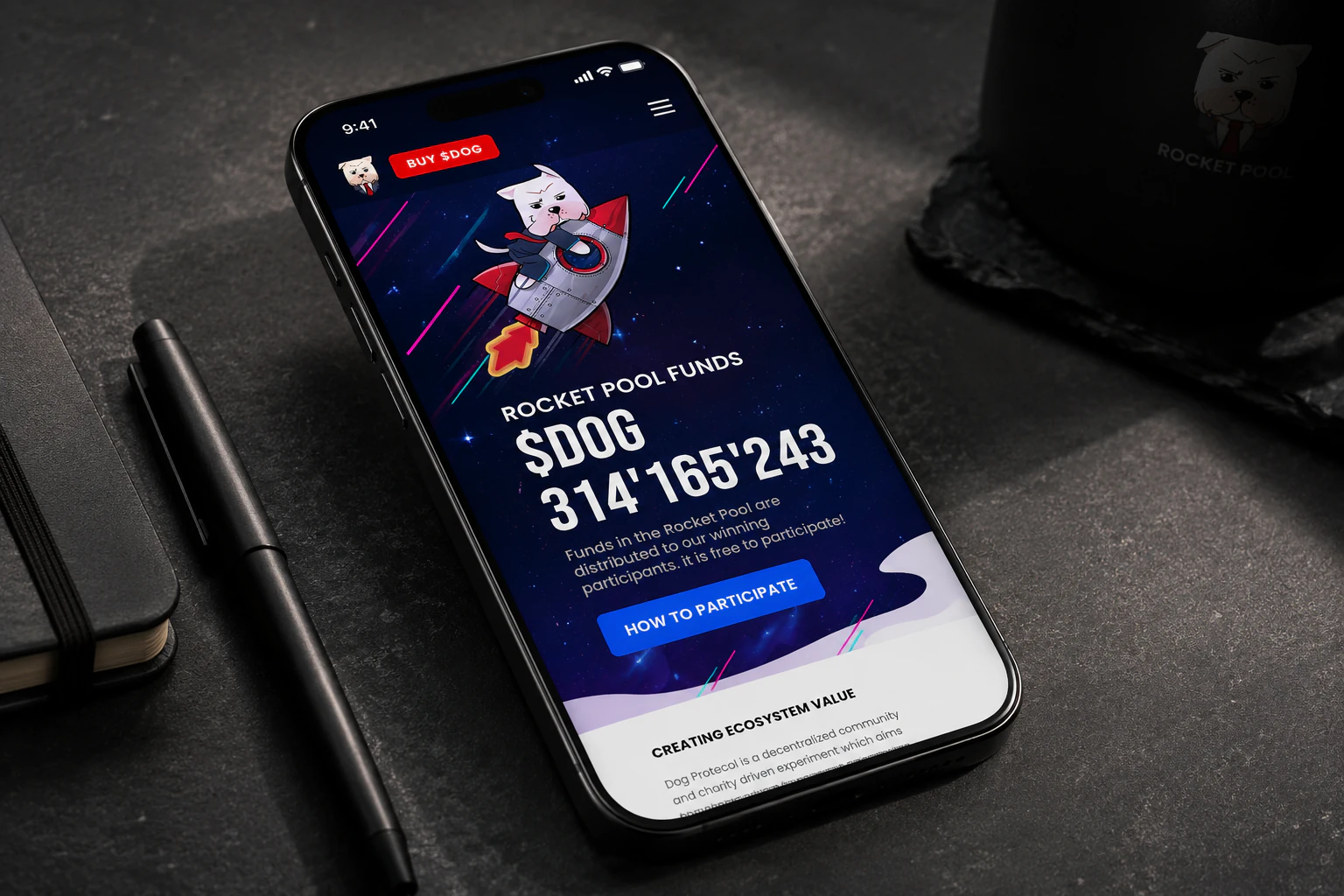 Mobile phone mockup showing the Dog Protocol homepage concept