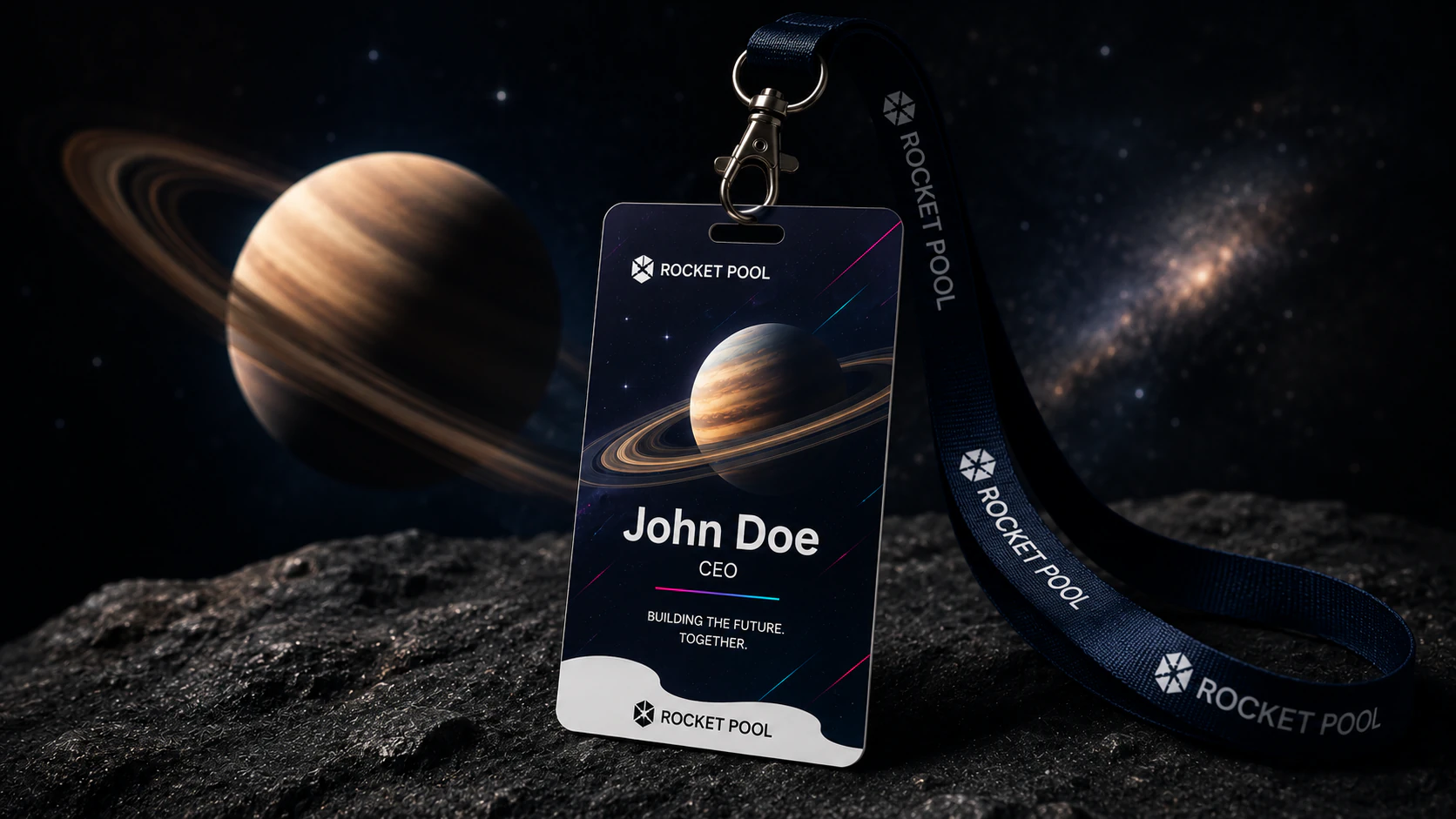 Rocket Pool concept event badge and lanyard for a CEO role