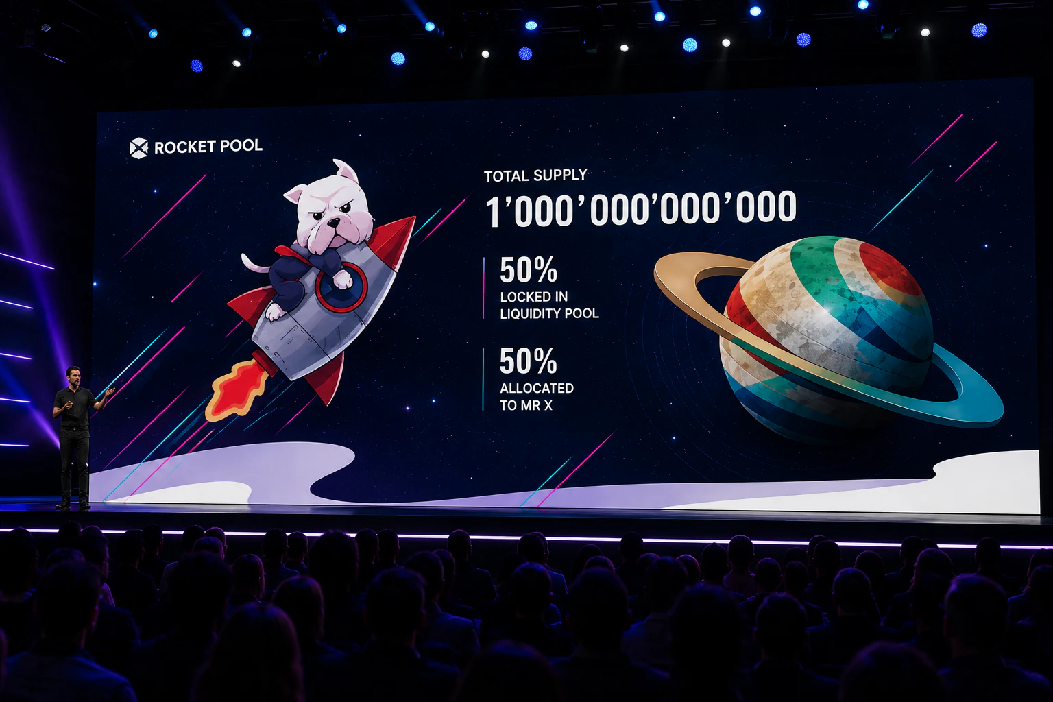 Rocket Pool conference screen presenting a cryptocurrency total-supply message