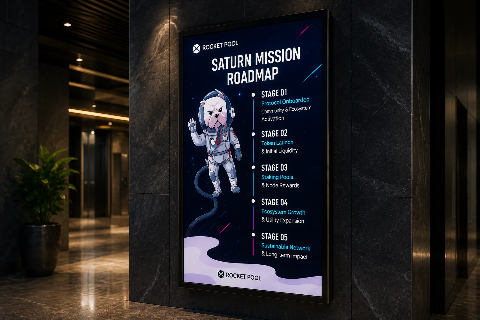 Rocket Pool Saturn mission roadmap displayed as a lobby poster