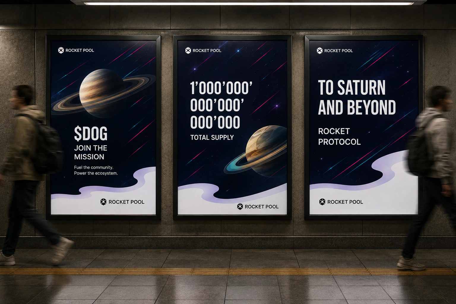 Rocket Pool concept poster series displayed in a transit environment