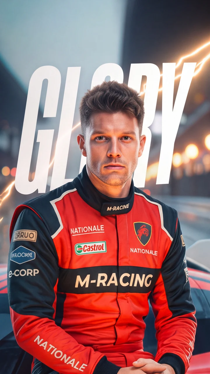 Motorsport athlete in a red racing suit framed by a large Glory title and energy streaks