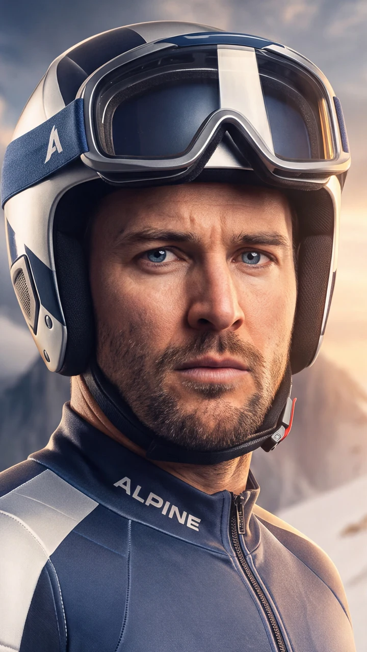 Alpine athlete in a helmet and goggles against a softly lit mountain landscape