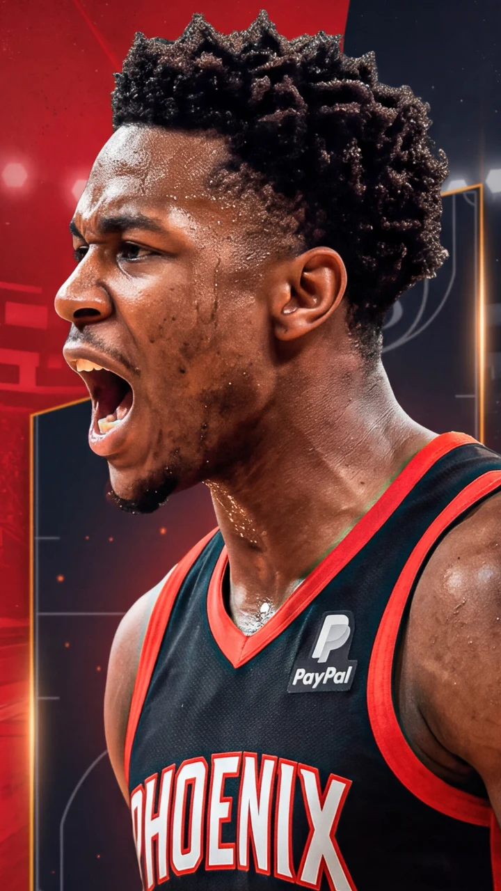Basketball athlete shouting in profile against a red and black arena background