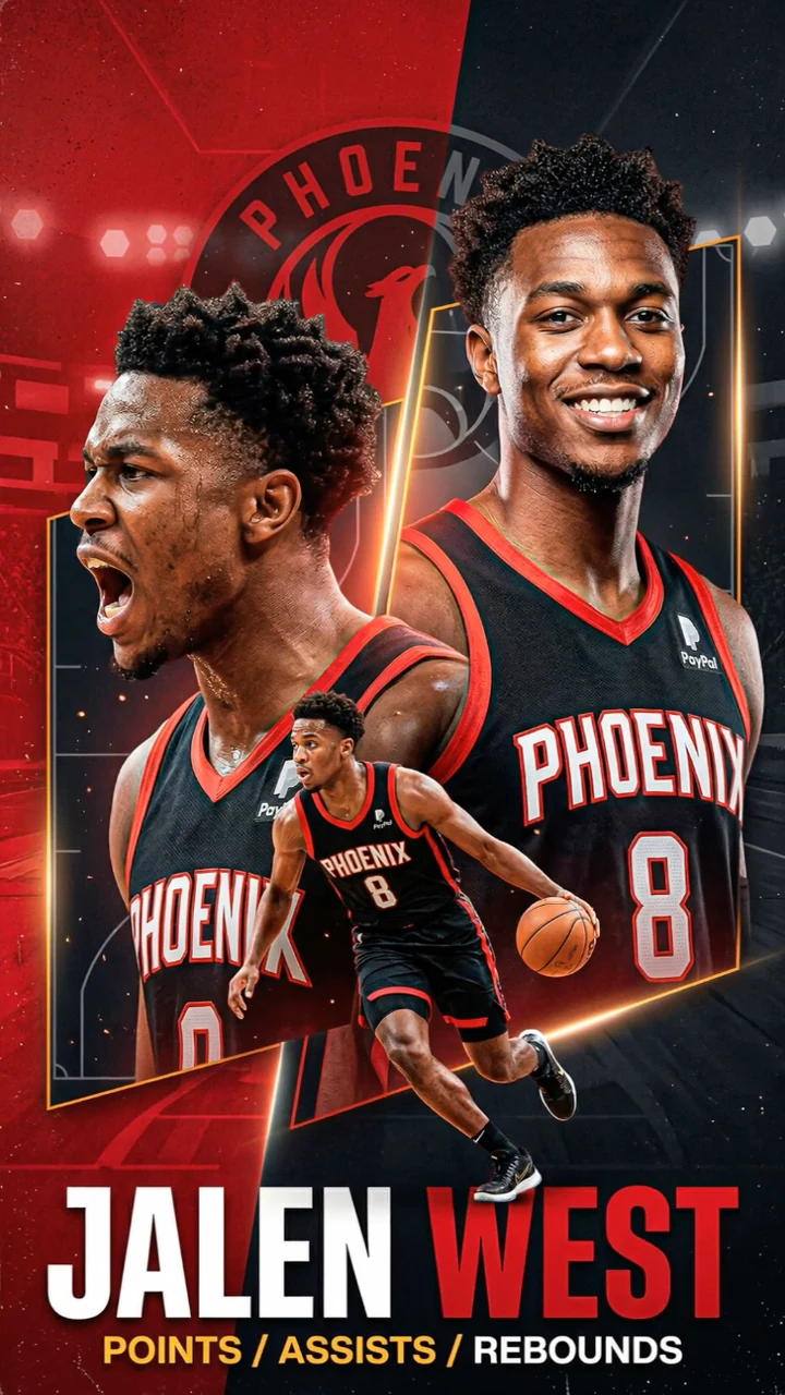 Basketball athlete key art in a red and black arena composition