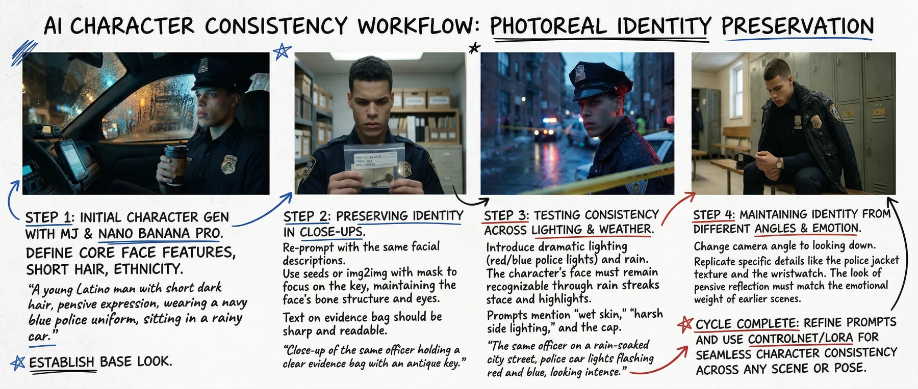 Character consistency workflow board showing the same police officer across four crime-drama scenes