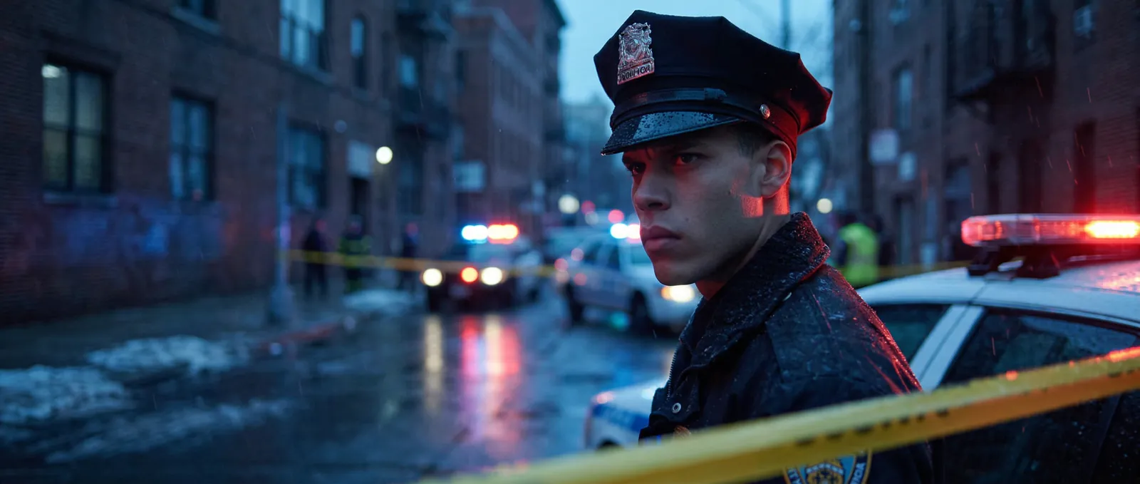 Police officer at a rainy nighttime crime scene