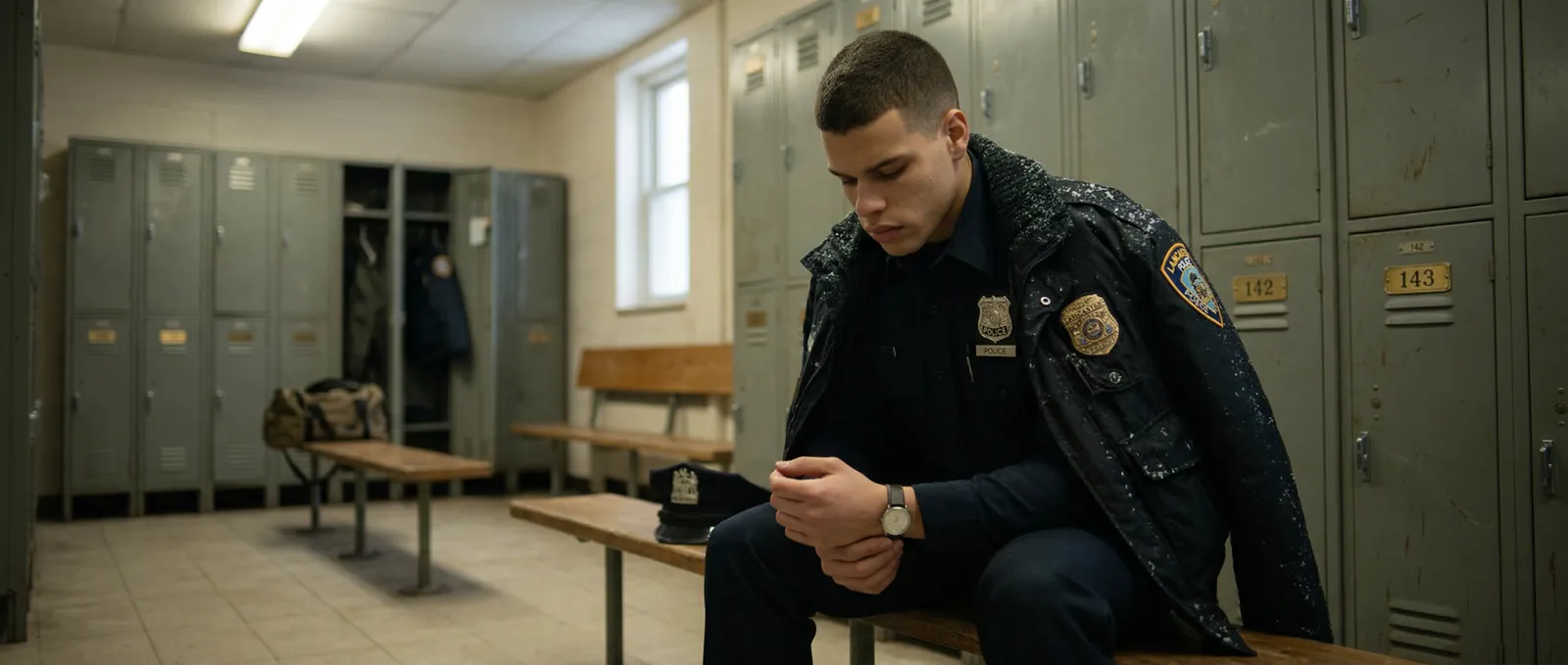 Police officer preparing inside a station locker room