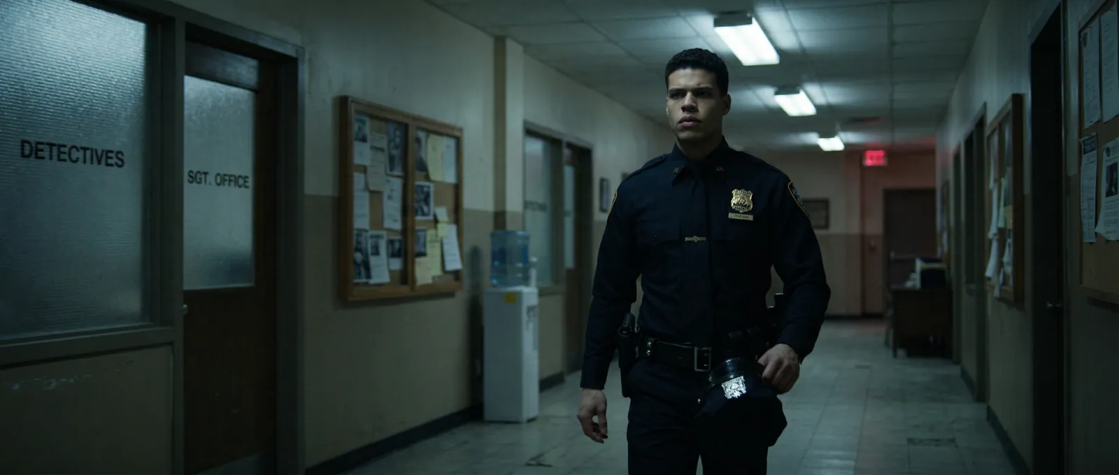 Police officer walking through a dim institutional hallway