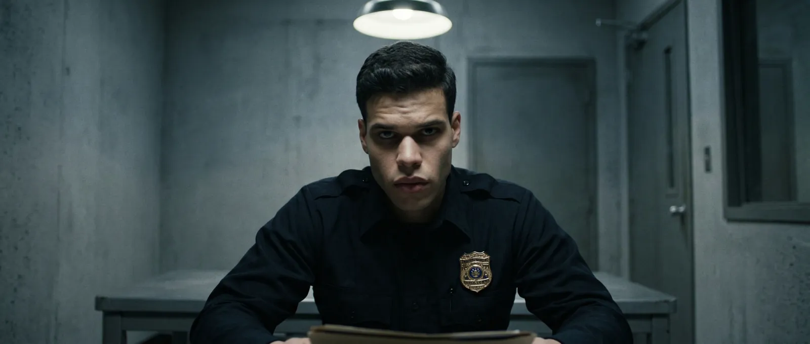 Police officer questioning a witness across an interrogation table