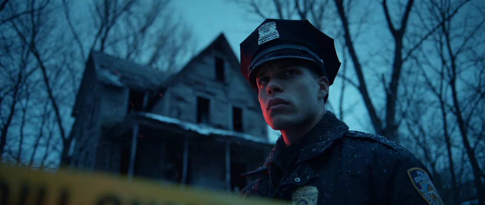 Police officer approaching an isolated house in winter