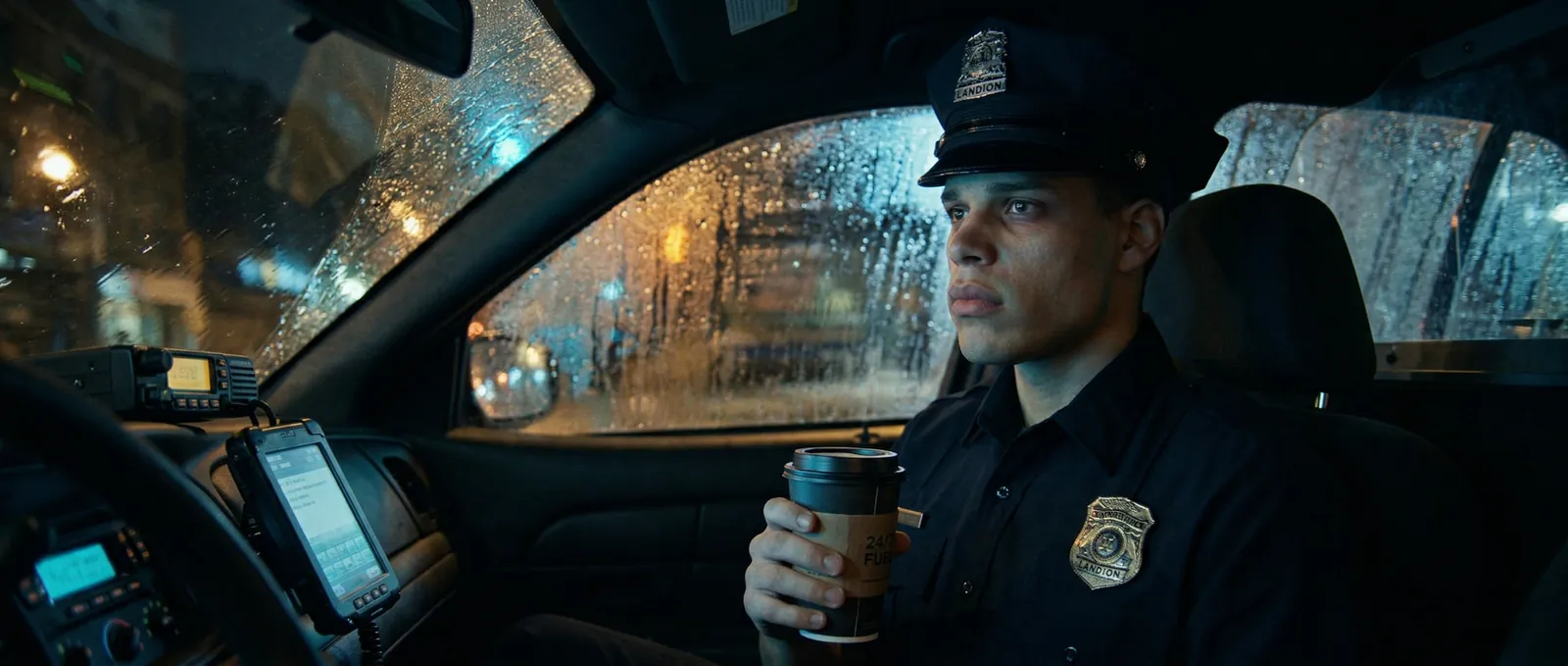 Police officer framed inside a patrol car at night
