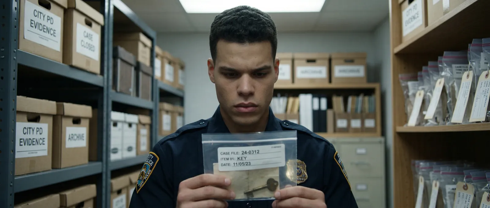 Police officer examining a sealed evidence bag