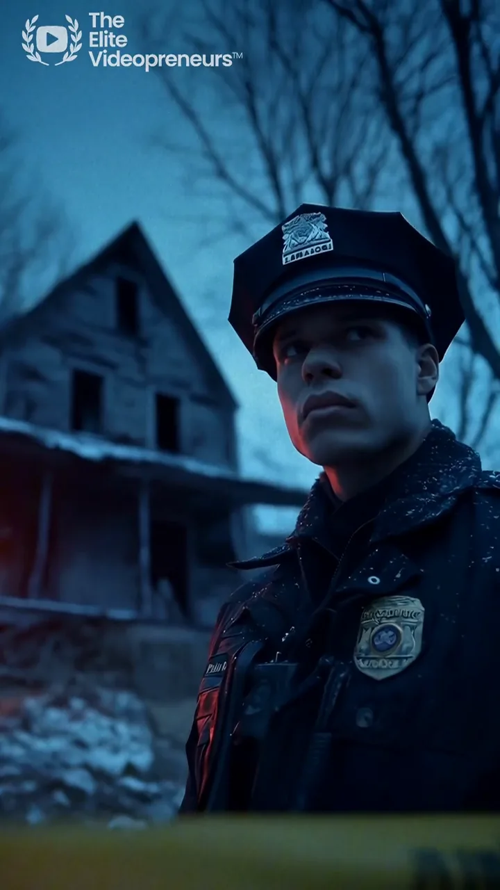 Police officer standing outside a snow-covered house in the True Crime Short Drama teaser