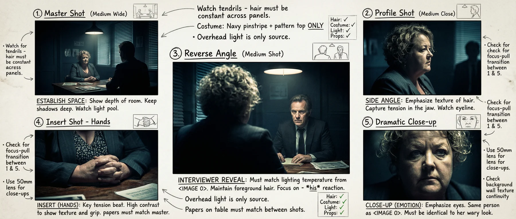 Photographic interrogation storyboard with master, profile, reverse, hands, and close-up coverage