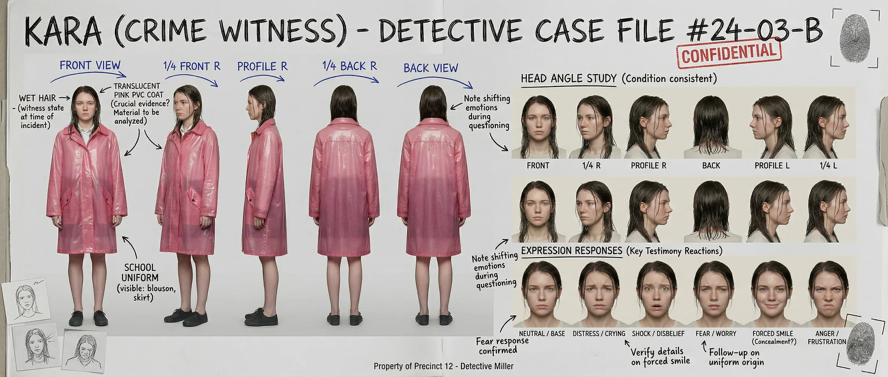 Kara crime-witness character board with wardrobe, expressions, and turnaround views