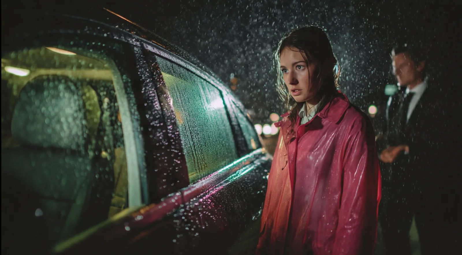 Kara standing beside a car on a rain-soaked road at night