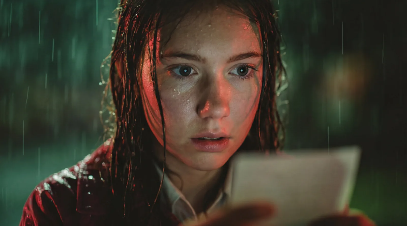Wet-haired close-up of Kara holding a piece of photographic evidence