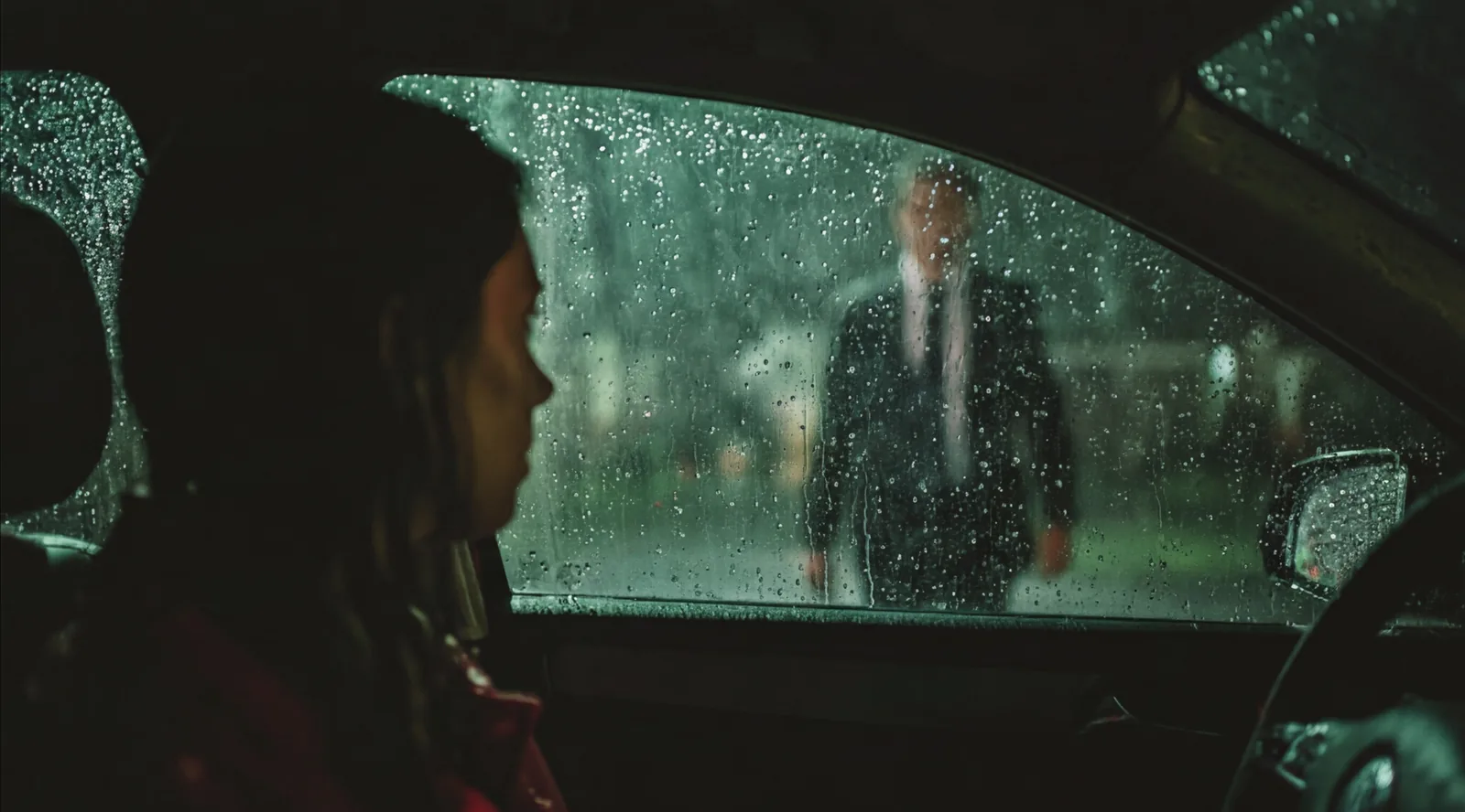 Kara seen through a rain-covered car window at night