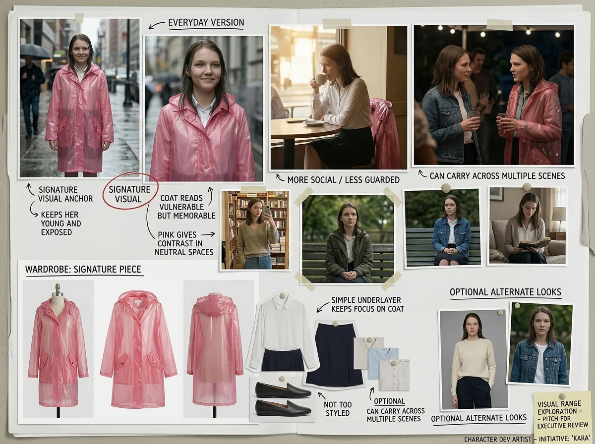 Kara visual reference board comparing everyday and witness-costume looks