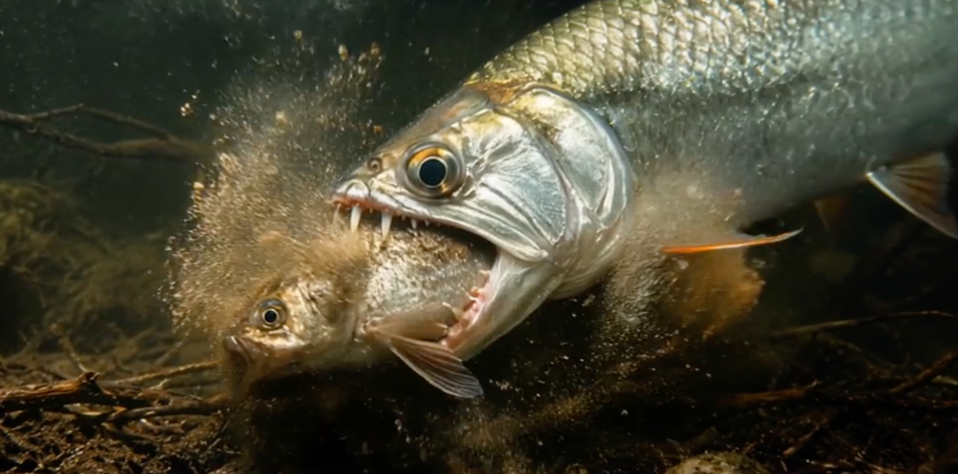 Close-up of a predatory fish attacking another fish underwater in Amazon's Living Nightmares