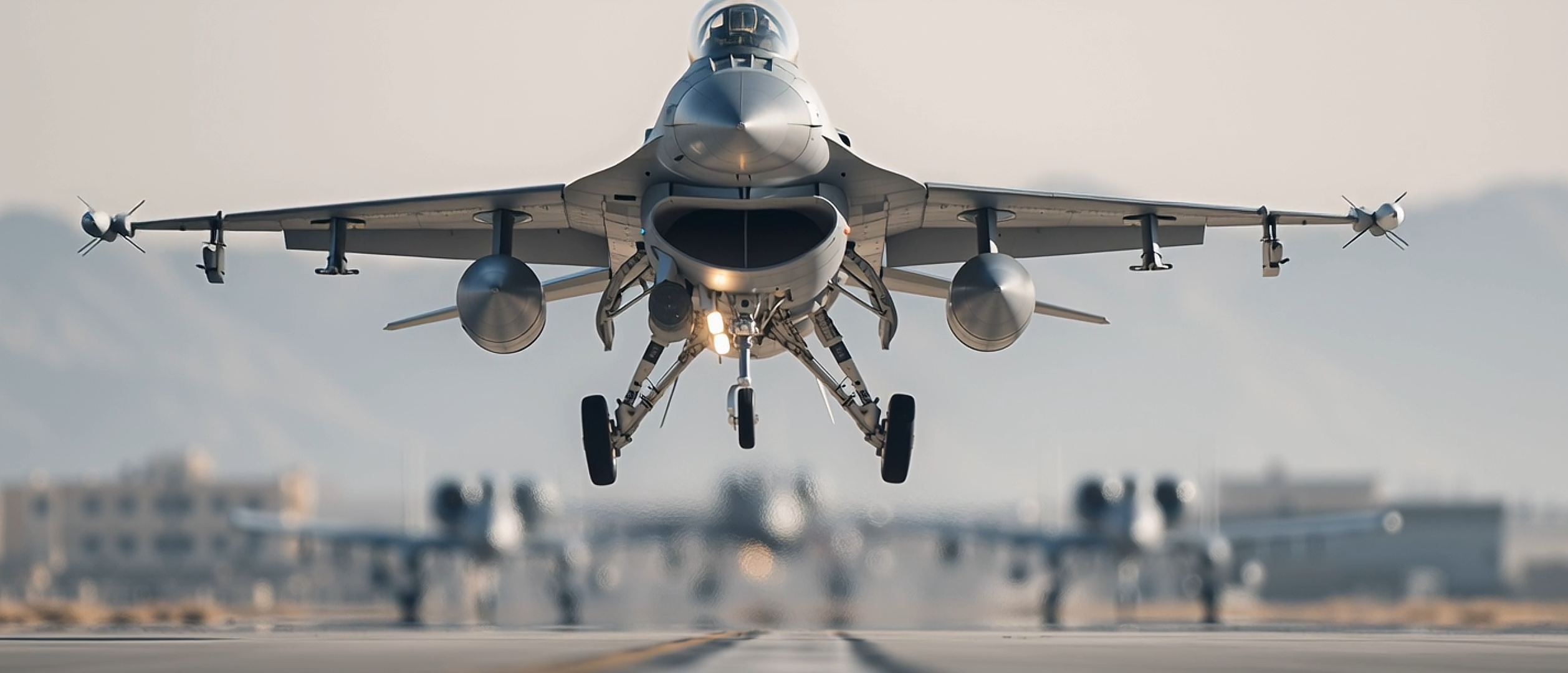 Fighter jet lifting off above a runway in Fighter Jet Cinematic