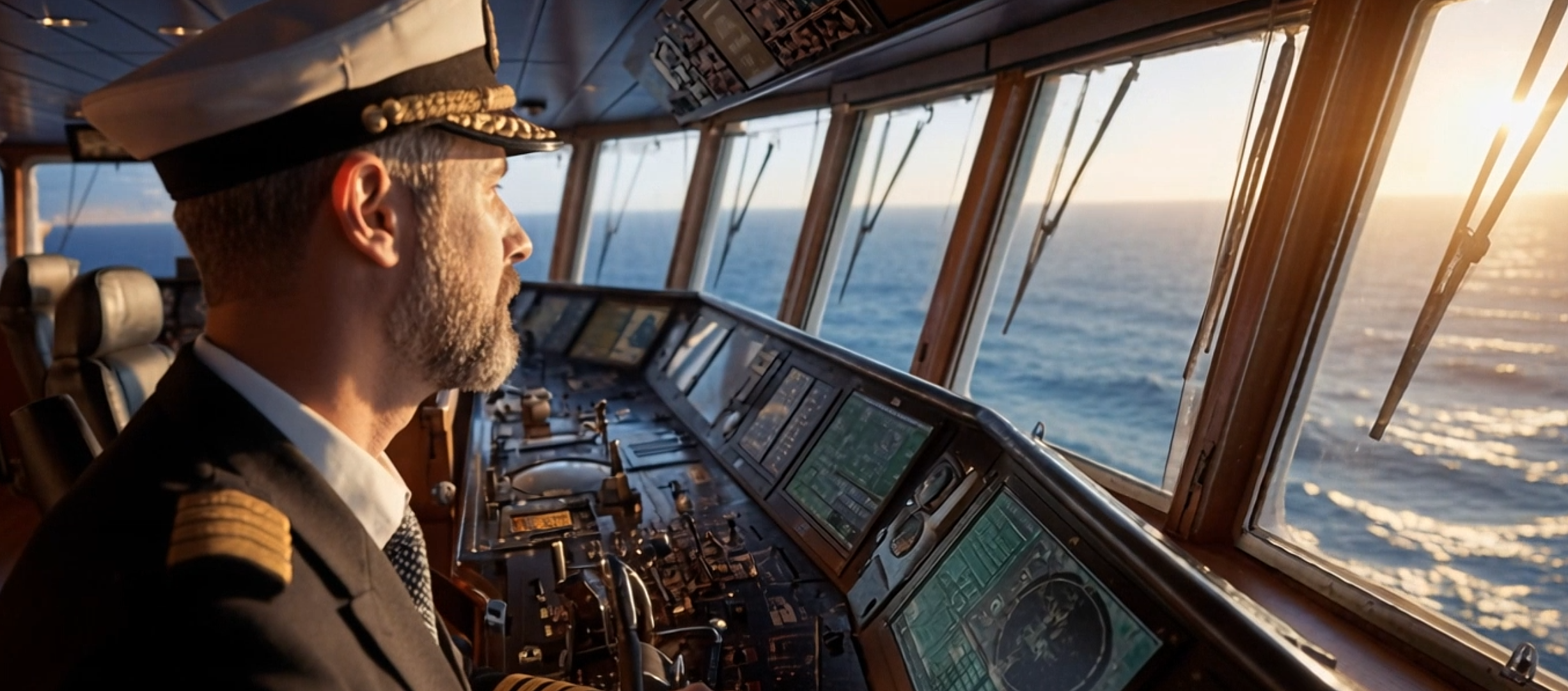 Captain navigating a red vessel from the bridge at sunset in Sailor Vessel