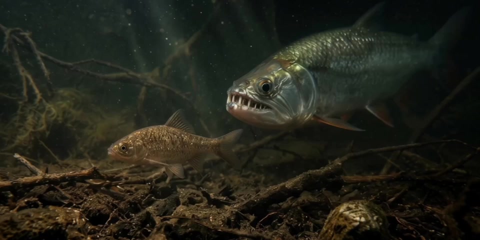 Predatory fish moving through a dark Amazon river environment