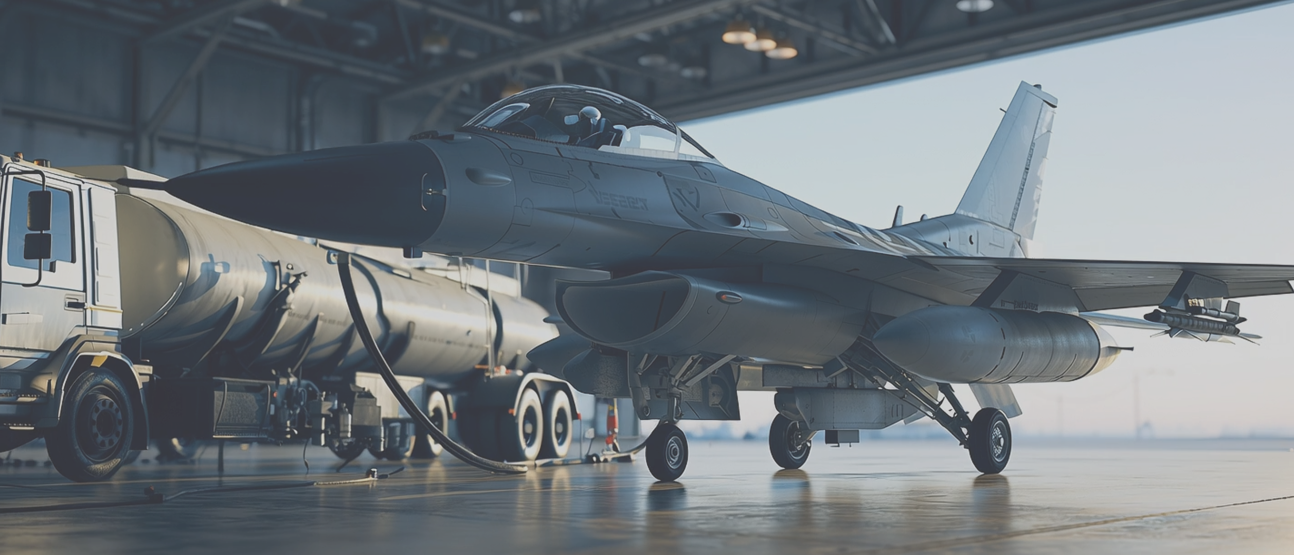 Fighter jet being refueled inside an aircraft hangar