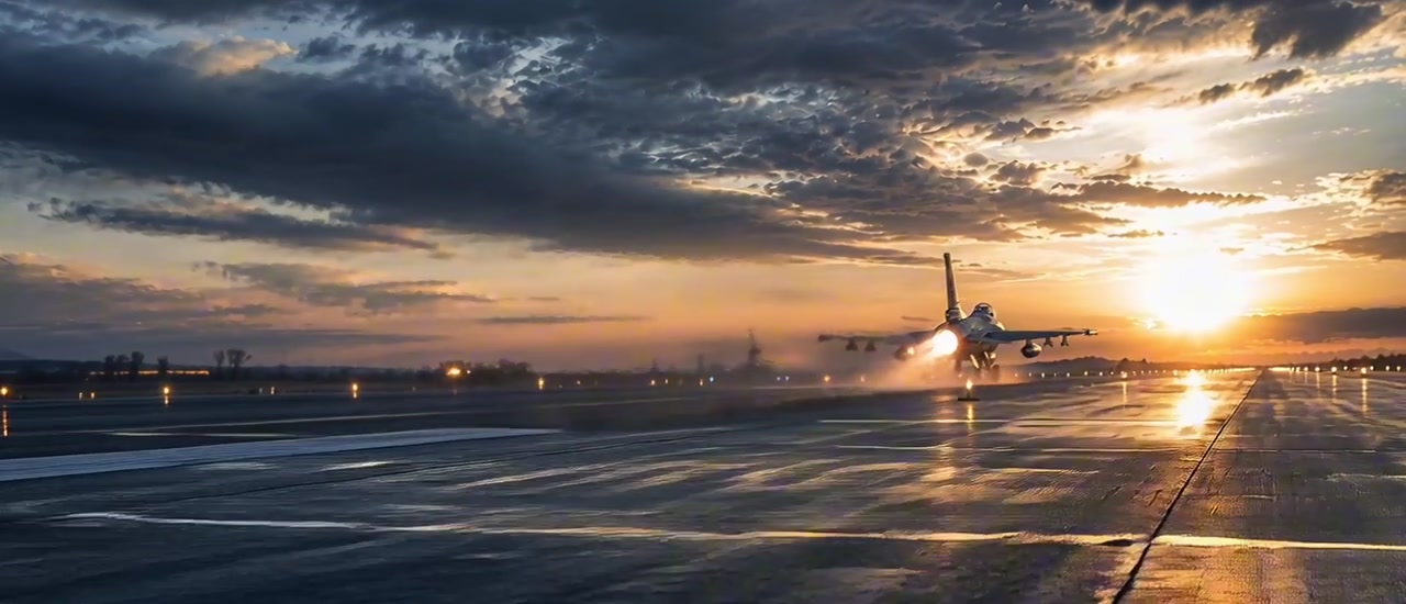 Fighter jet departing a reflective runway at sunset