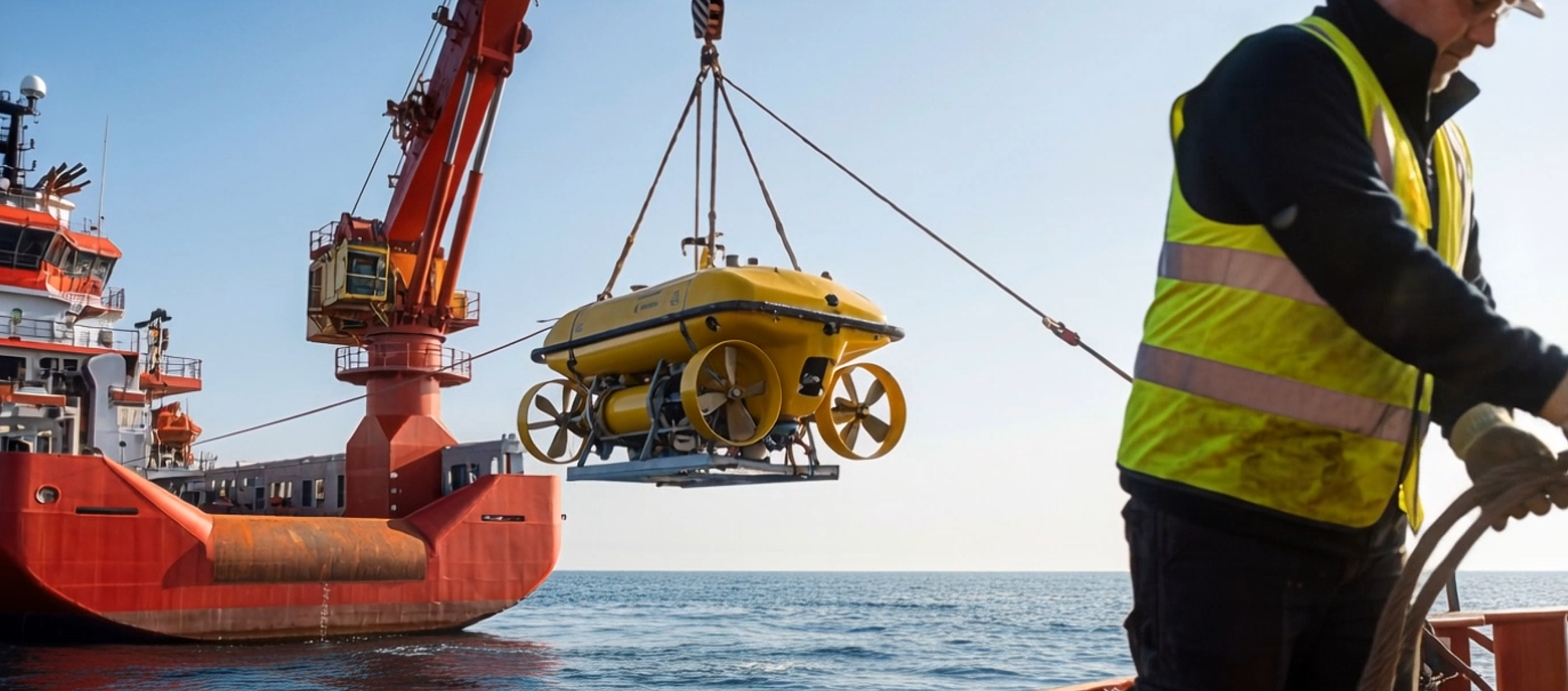 Crew lowering an underwater vehicle beside a red research vessel