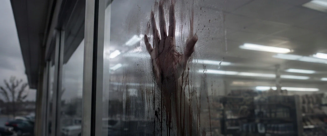 Bloody zombie hand pressed against the convenience-store window
