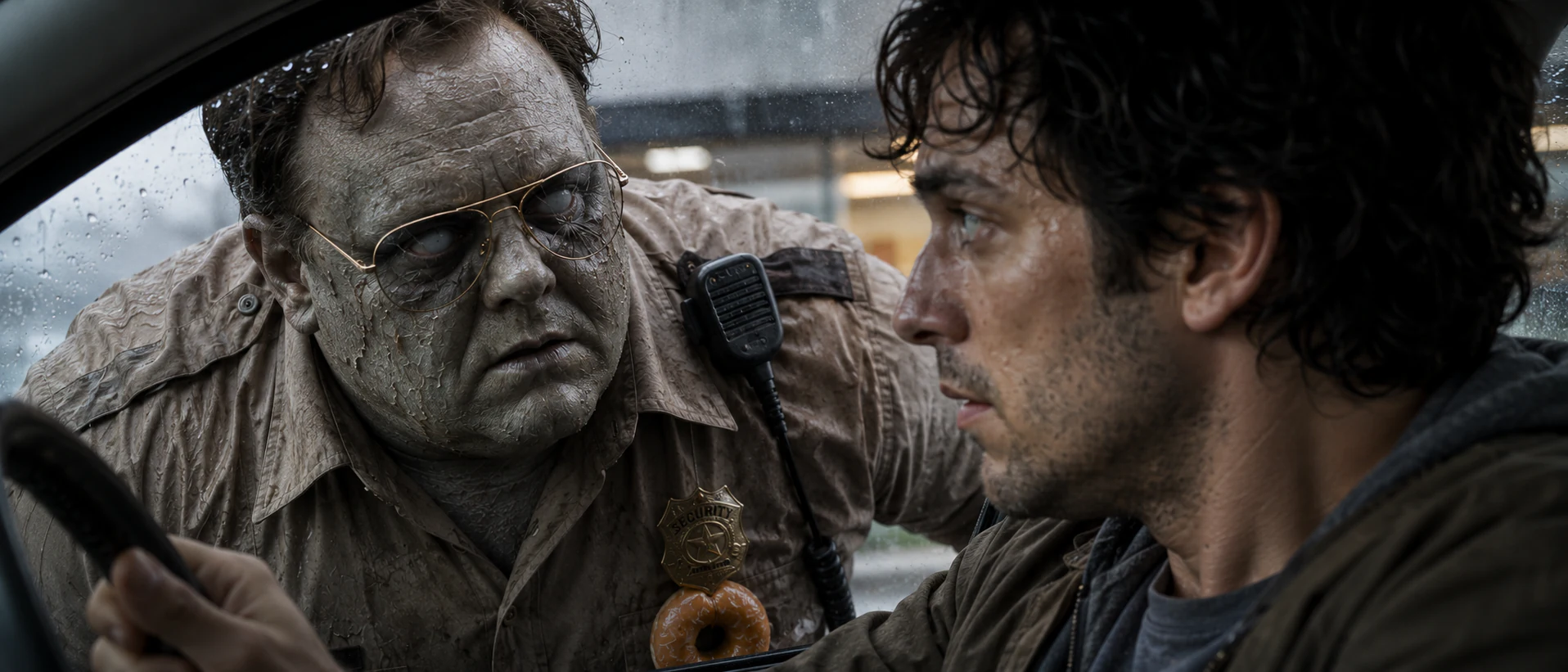 Extreme close-up of Leo facing the zombie security officer through the car window