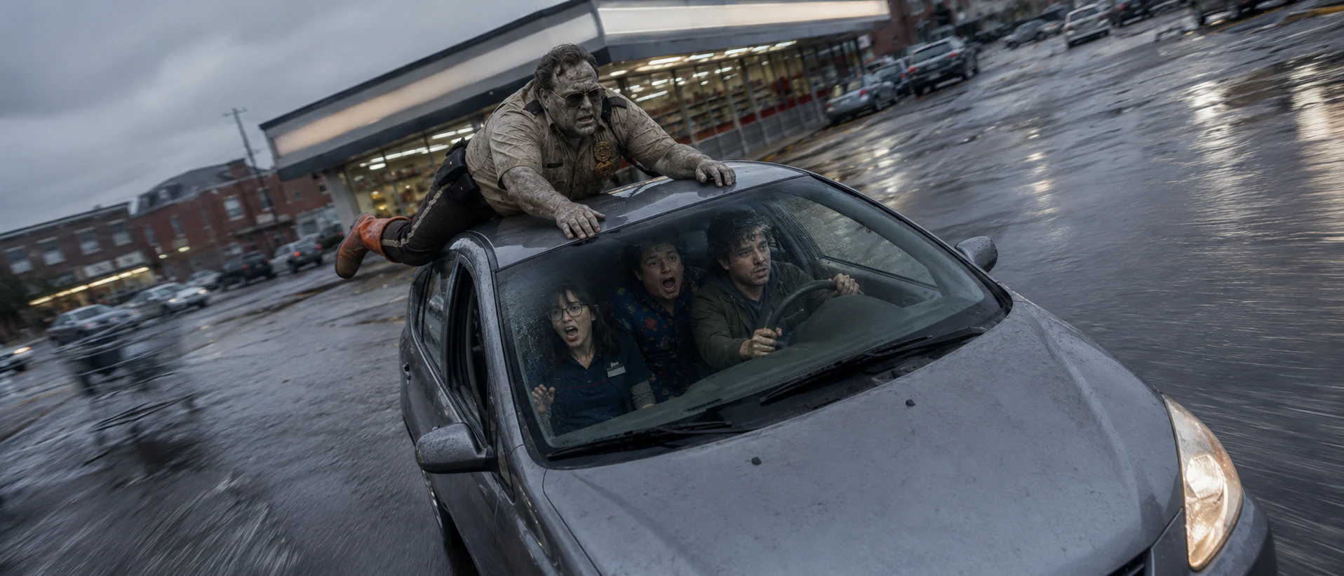 Dutch-angle exterior view of the zombie security officer clinging to Leo's moving car
