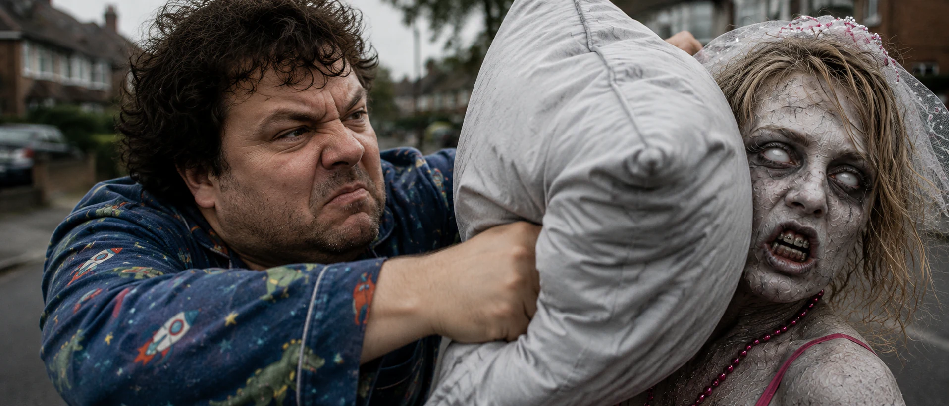 Extreme close-up of Marty using a pillow against the zombie bride