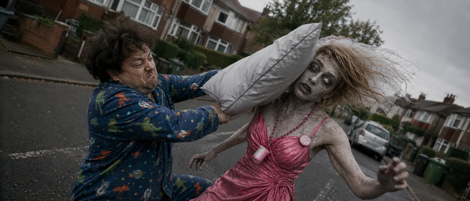 Dutch-angle view of Marty fighting the zombie bride with a pillow