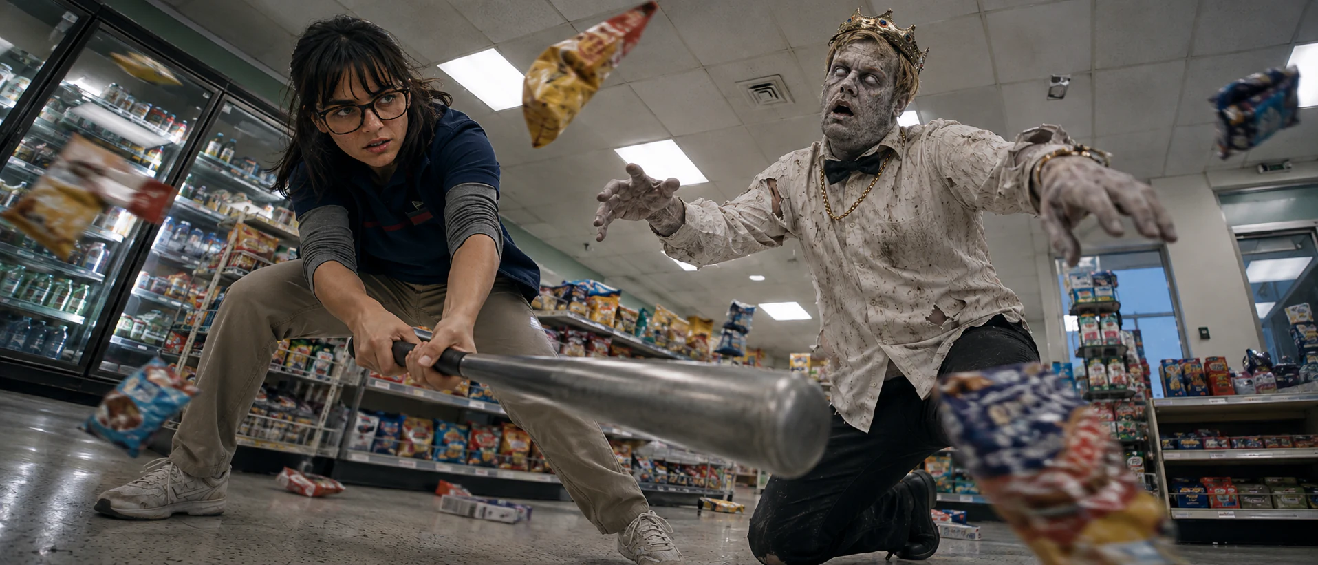 Low-angle view of Nina swinging a baseball bat at a crowned zombie inside the store