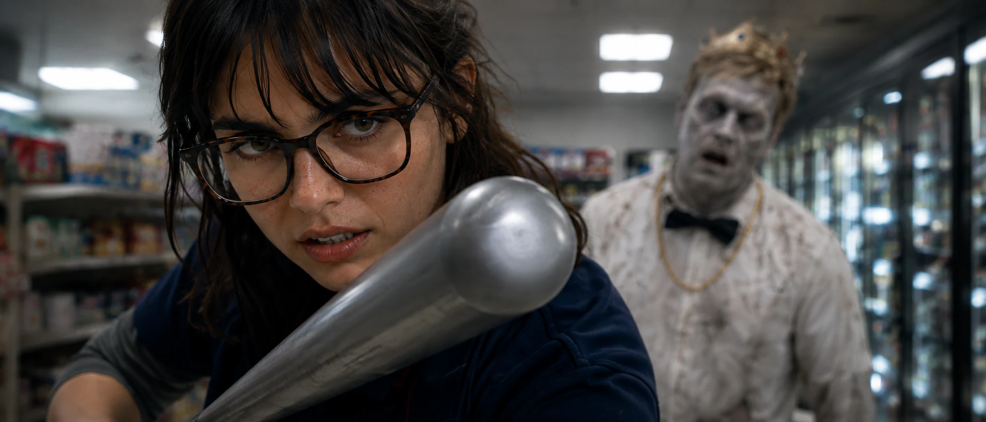 Extreme close-up of Nina with her baseball bat and the crowned zombie behind her