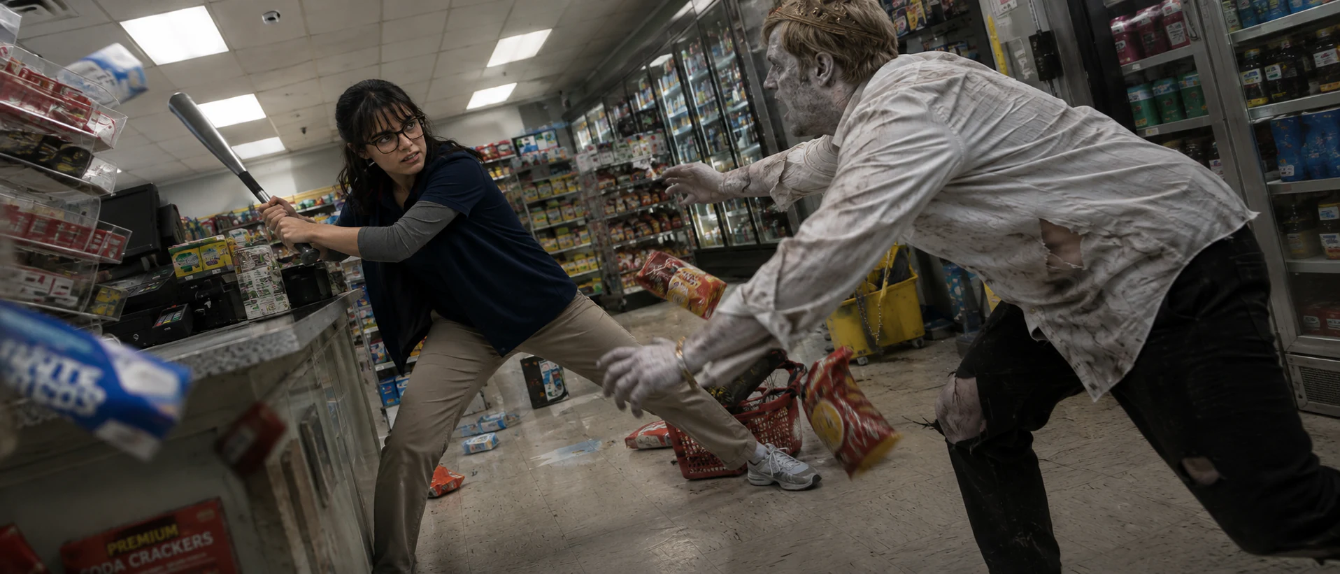 Wide Dutch-angle view of Nina confronting the crowned zombie in the convenience store