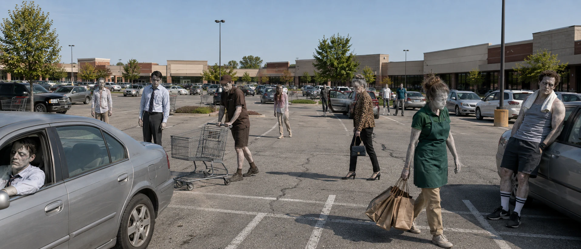 Wide parking lot filled with scattered zombies at the start of the Dead Wrong outbreak