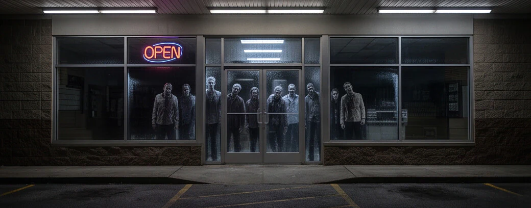 Zombies surrounding the illuminated convenience-store entrance at night