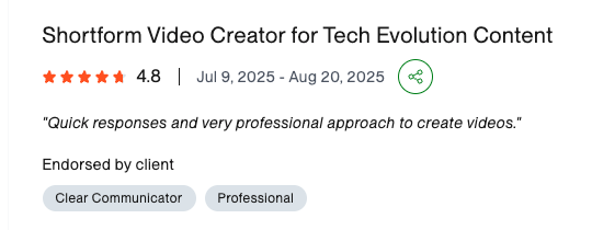 Upwork review praising quick responses and professional creative video production