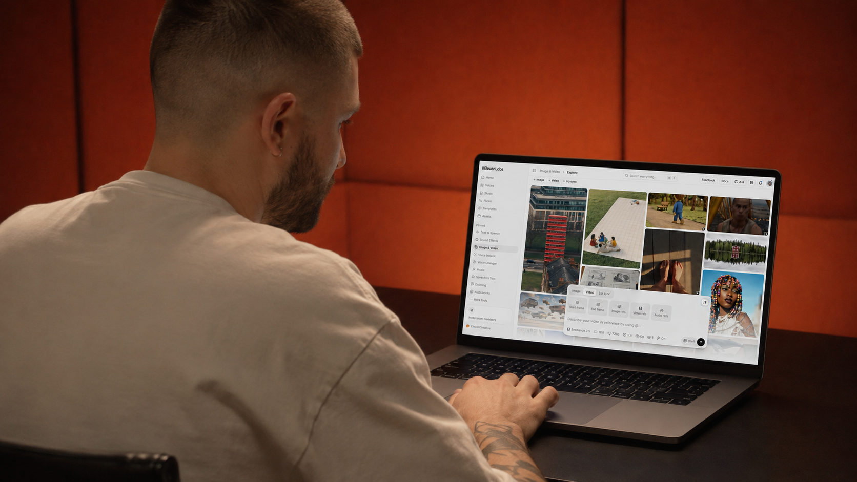 Wide generated laptop composition showing the ElevenLabs product interface