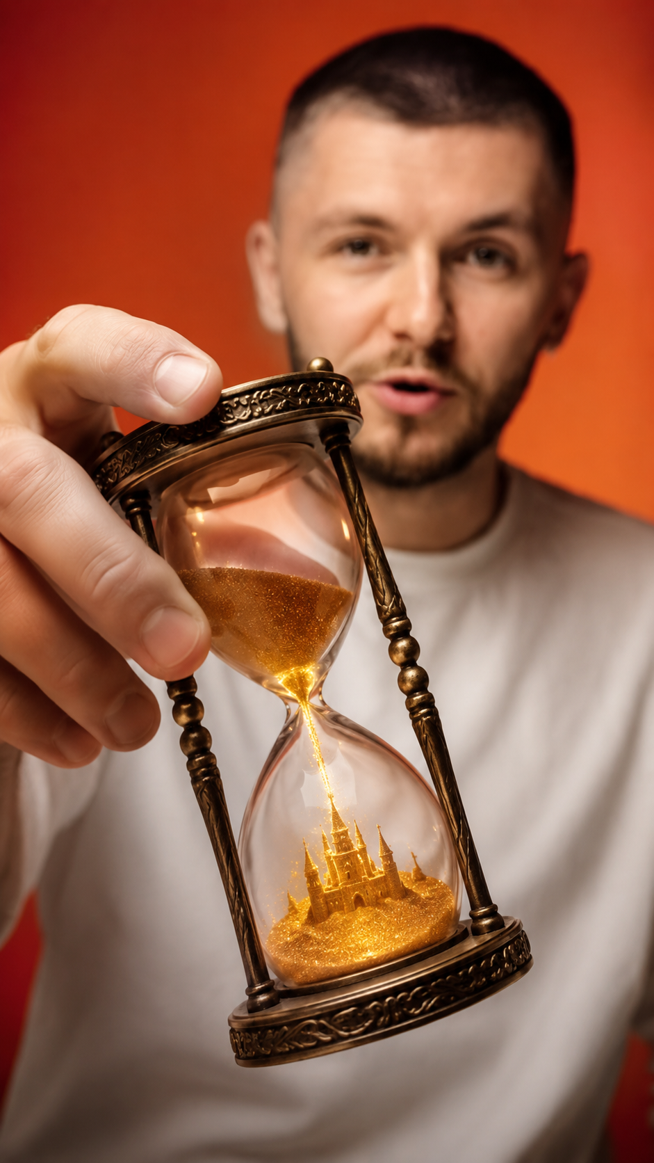 Generated hourglass presenter visual concept for ElevenLabs video storytelling